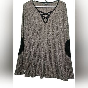 12th Tribe EUC Large Gray Long Sleeve Top with Black Elbow Patches 23 PTP